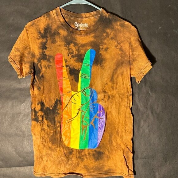 Spencer's Size Small Tee Shirt Unisex Bleached T-Shirt Cotton Rainbow Peace 90s - Picture 2 of 5